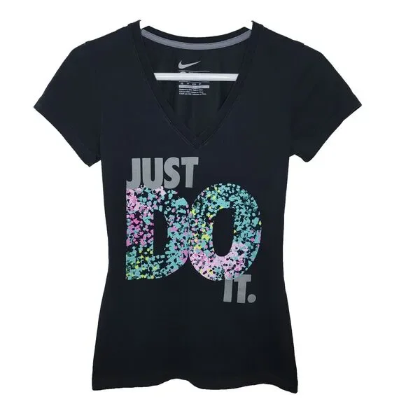 Nike XS Black Just Do It Women's Slim Fit V-neck T-Shirt - Picture 1 of 4